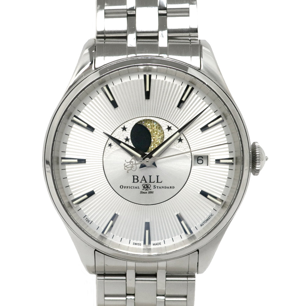 【名東】【BALL WATCH】ボールウォッチ トレインマスター ムーンフェイズ NM3082D-SJ-SL 裏スケルトン シルバー文字盤 自動巻き SS ステンレススチール メンズ 男 腕時計【中古】