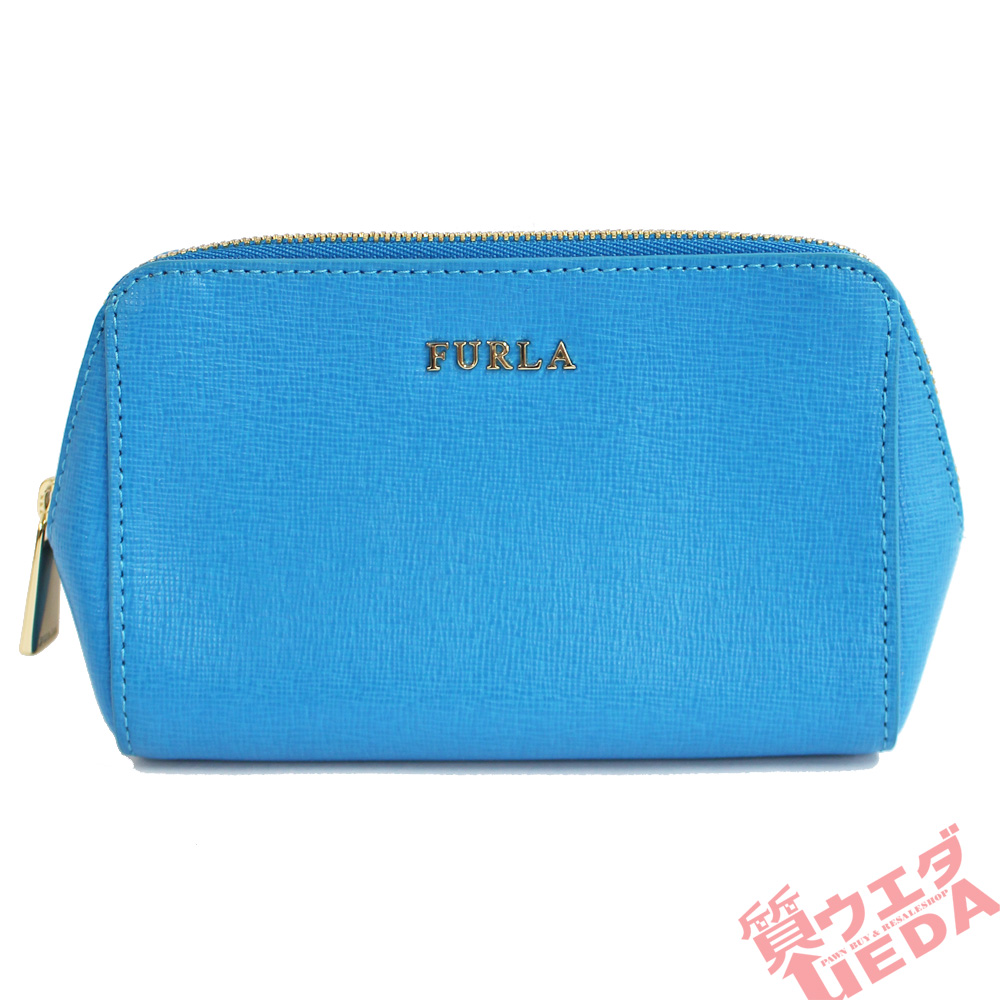 【名古屋】【FURLA】フルラ ポーチ ブルー ゴールド金具 レザー 青 EAW2LN1 コスメティックケース コスメポーチ 化粧ポーチ  小物入れ【中古】