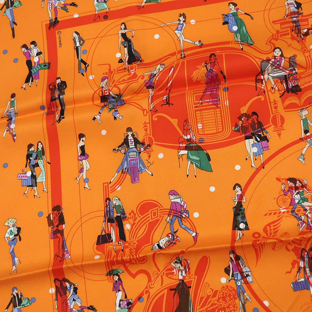 【栄】【HERMES】エルメス スカーフ カレ70 Ex-Libris Les Parisiennes エクスリブリス パリジェンヌ オレンジカラー  シルク100% 女性 レディース 服飾小物 ファッション 箱【中古】