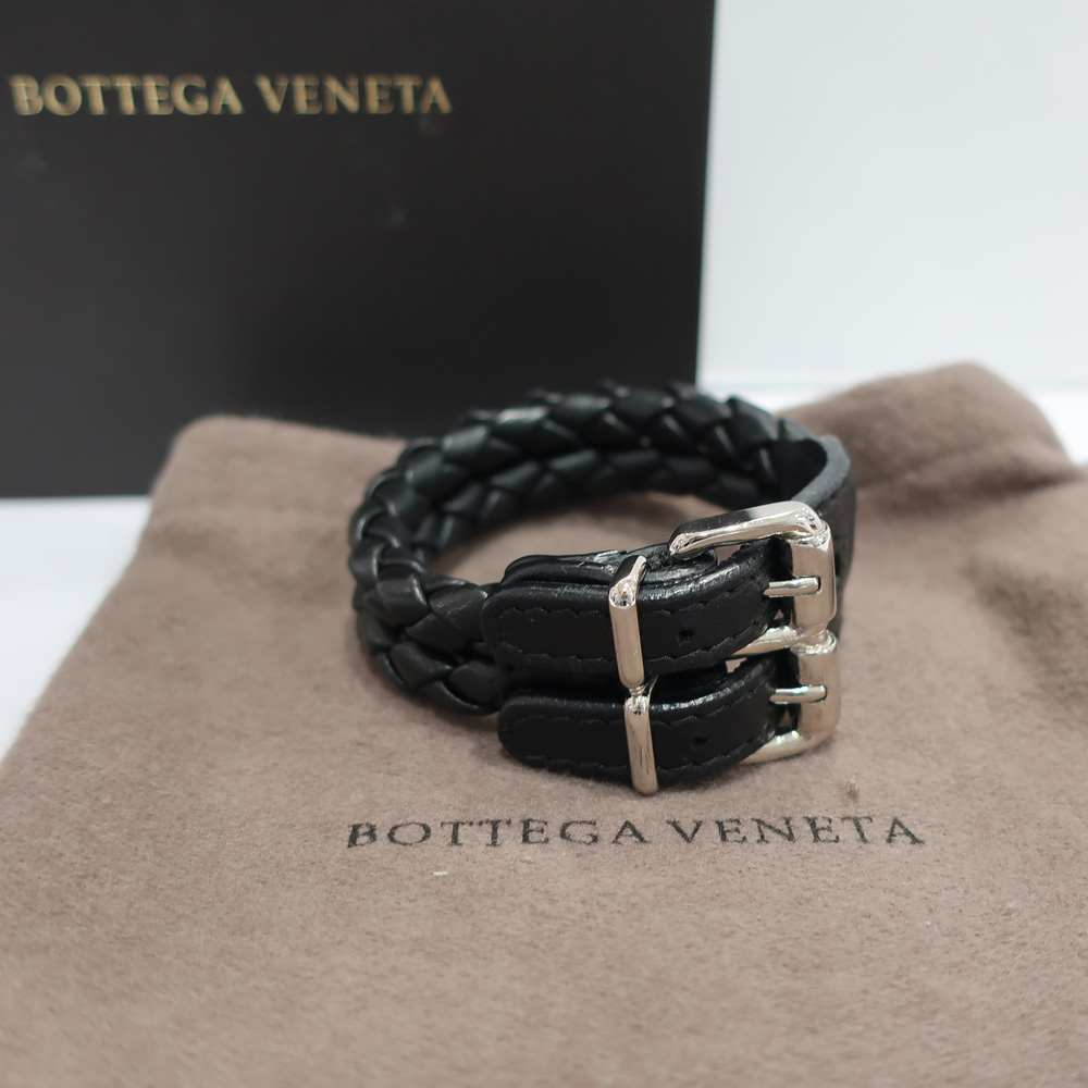 【美品】  BOTTEGA VENETA / ボッテガヴェネタ | キャンバス レザー ロゴジャガード ダブルバックル スライド サンダル | 39 | ブラック | メンズメンズ