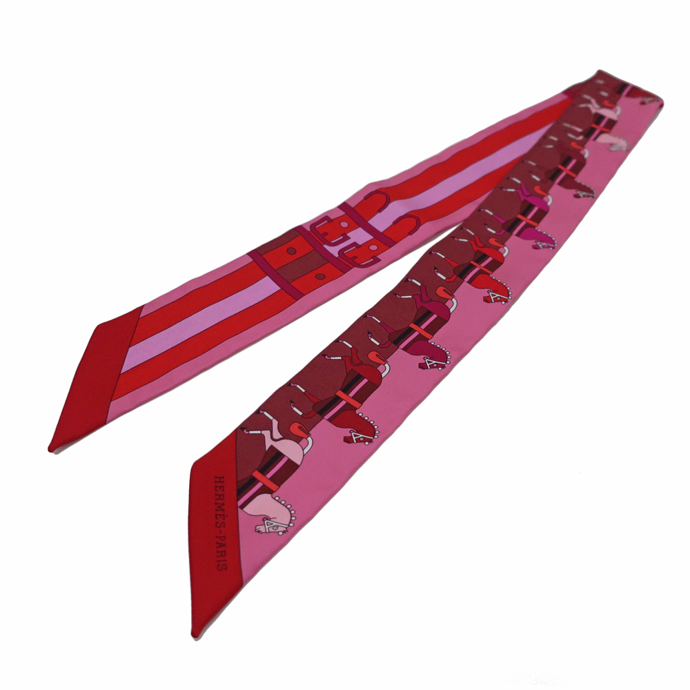 【天白】【HERMES】エルメス ツイリー Rocabar ロカバール ピンク レッド 赤 馬 スカーフ シルク100% 服飾小物 レディース【中古】