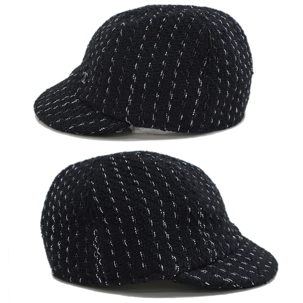 天白】【CHANEL】シャネル 帽子 ココマーク ツイード ブラック 黒