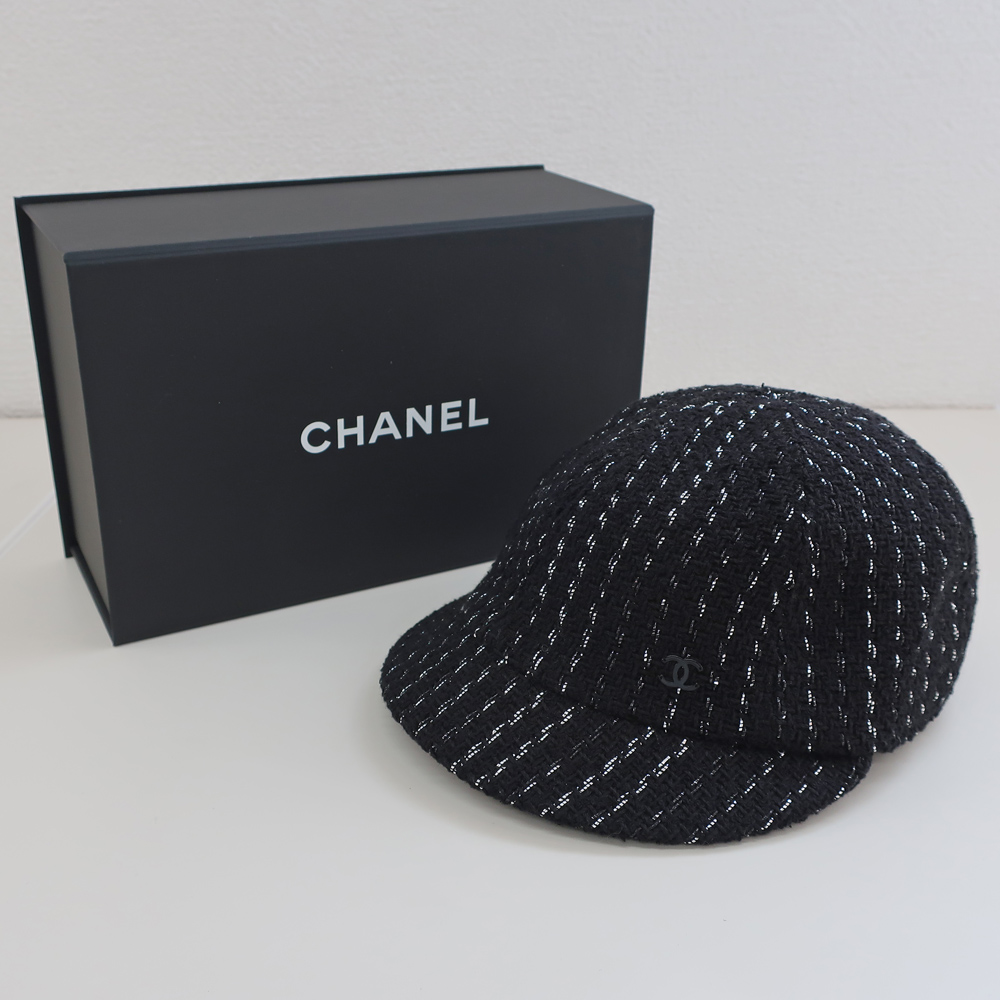天白】【CHANEL】シャネル 帽子 ココマーク ツイード ブラック